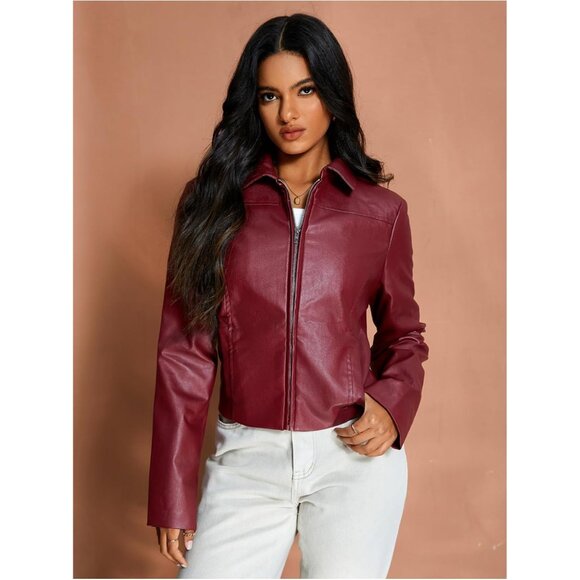 ⚡Women's Red Crop Faux Leather Jacket Vintage Long Sleeve Collar Zip Up Biker - Picture 3 of 6
